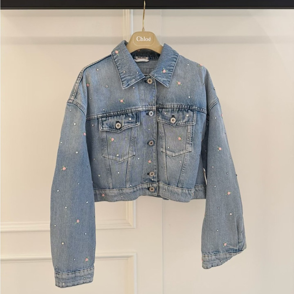 ❌sold🚩❌🚩steal authentic Miu Miu Blue Denim Jacket with Pink Embellishments